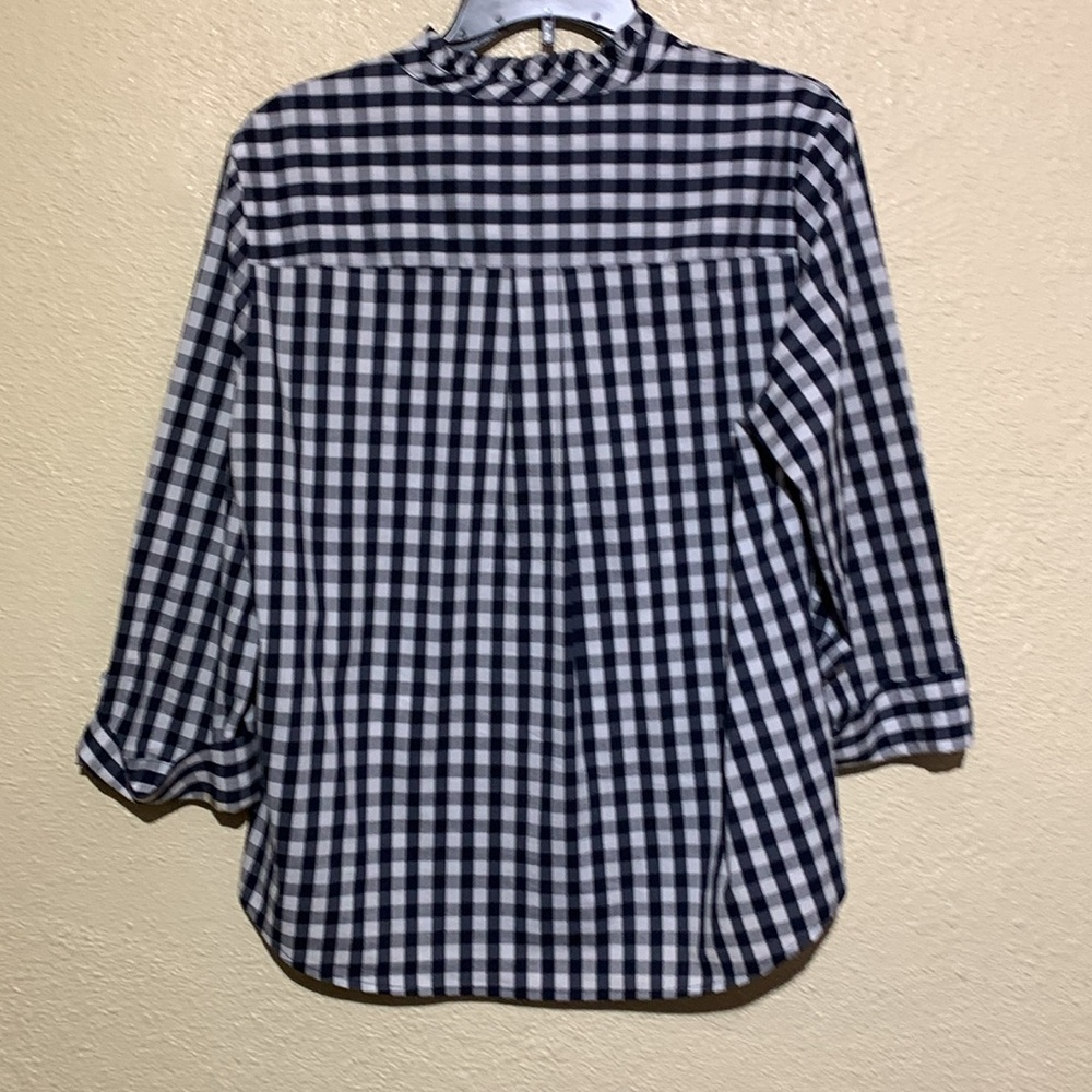 Anne Klein Navy and White Top Gingham Plaid Front Buttons 3/4 Sleeve Cotton - Picture 13 of 16